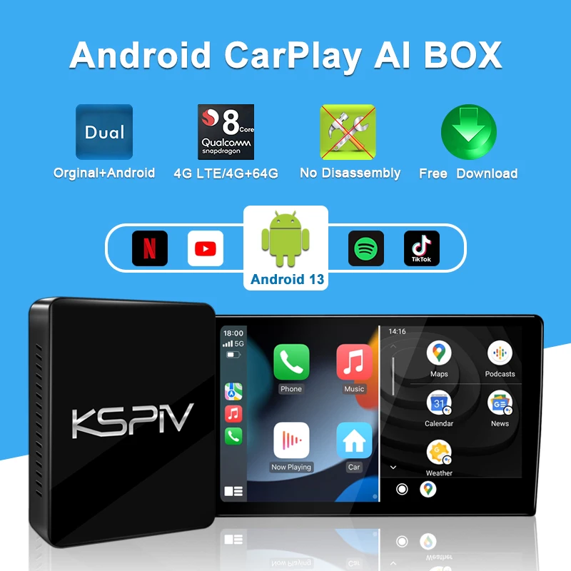 Android Qualcomm Mini Carplay Ai Box Wireless Netflix Adapter USB Plug&Play Android Auto Box WiFi GPS Universal Mirror Link