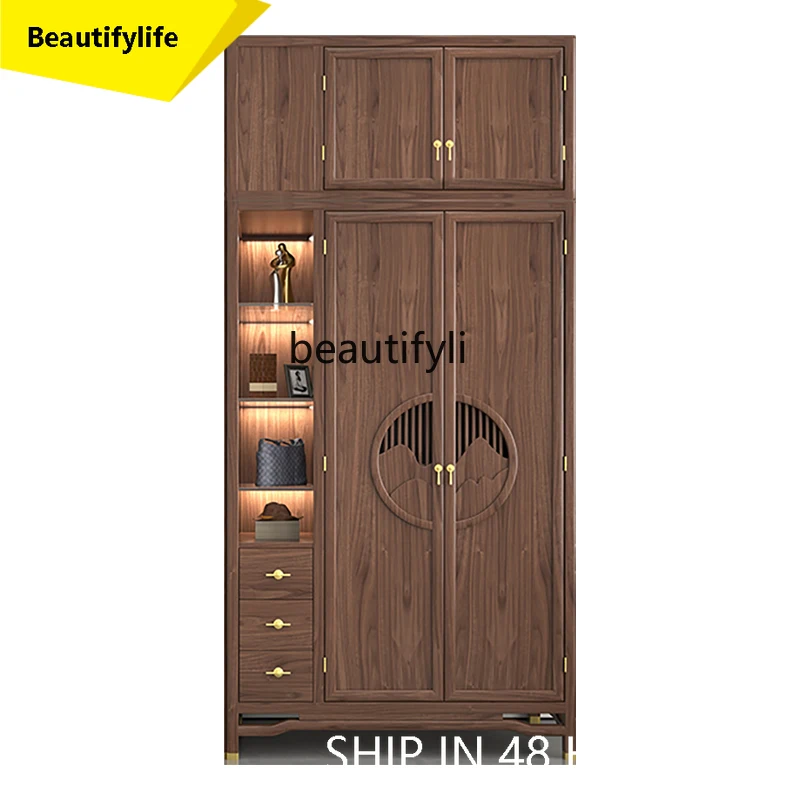 

X188 New Chinese Style Black Walnut Solid Wood Wardrobe Modern Minimalist Bedroom and Household Storage Cabinet Wardrobe Combina