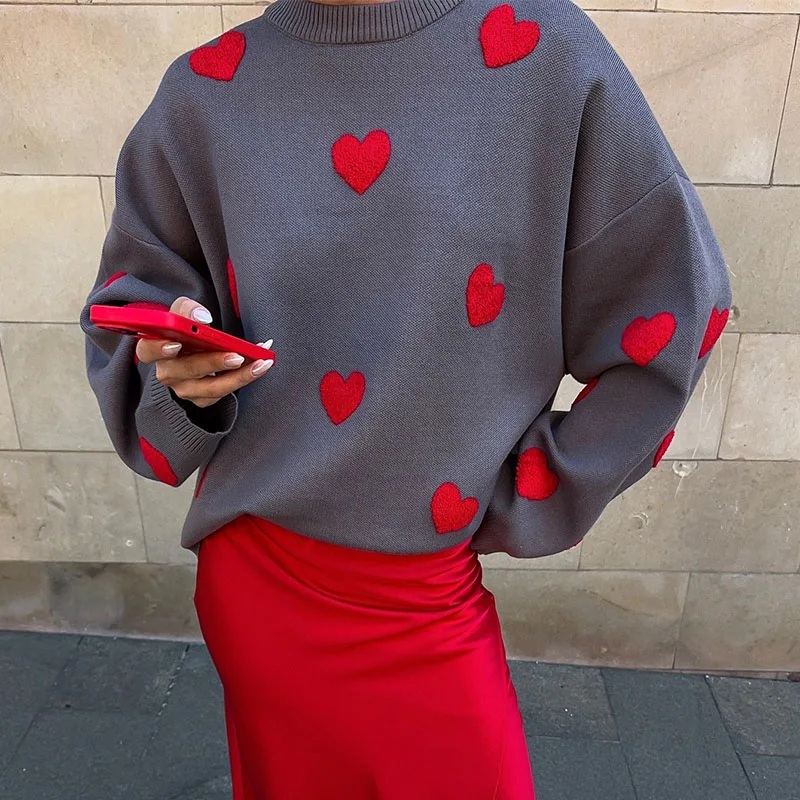 봄 가을 여성 라운드넥 긴팔 스웨터 여성 캐주얼 루즈 니트 풀오버 하트 프린트 탑 여성 시크 니트웨어