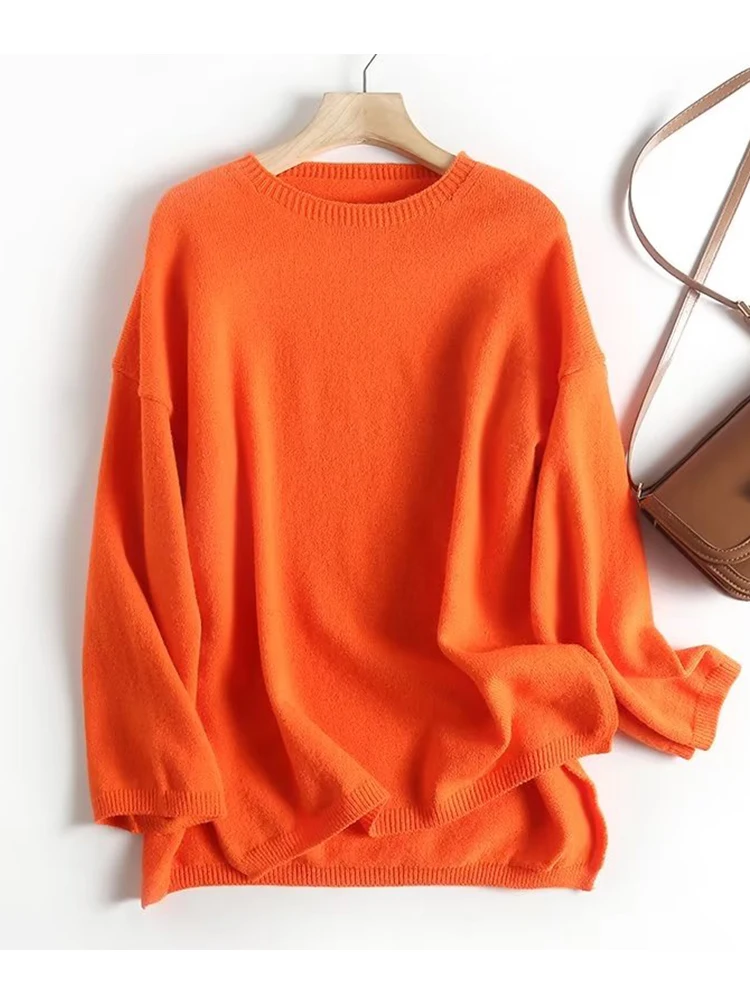 

YENKYE Women Autumn Winter Orange Loose Knit Sweater Flare Long Sleeve O Neck Female Jumper Casual Pullovers