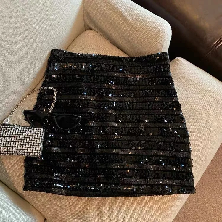 

Women Black High Waist Shiny Mini White Sequins A-E Slim Skirts Y2k Sier Evening Party Skirt Sexy Club Spring Summer