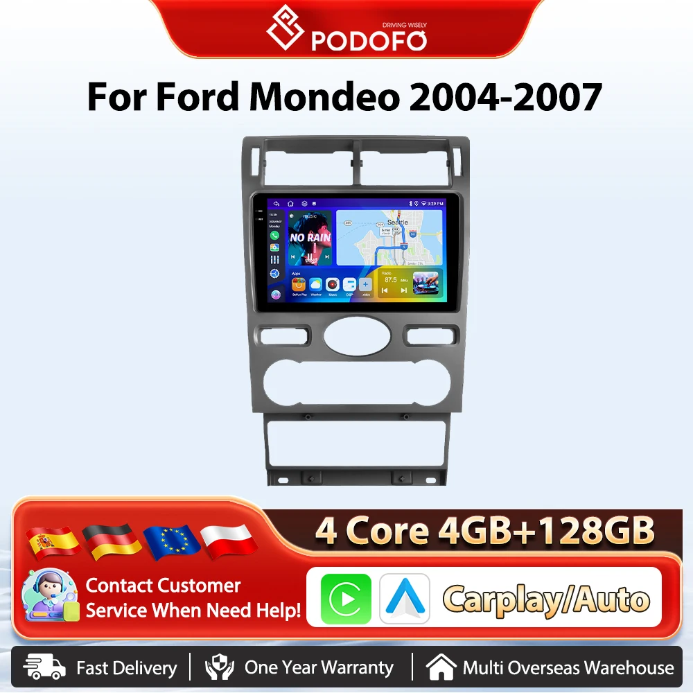 Podofo 9'' Kabelloses Carplay Android Auto Radio für Ford Mondeo 2004-2007 Auto-Multimedia-Stereo GPS-Navigation BT FM/RDS 2din Auto-Intelligentes System Plug&Play Head Unit SWC Autoradio Wifi