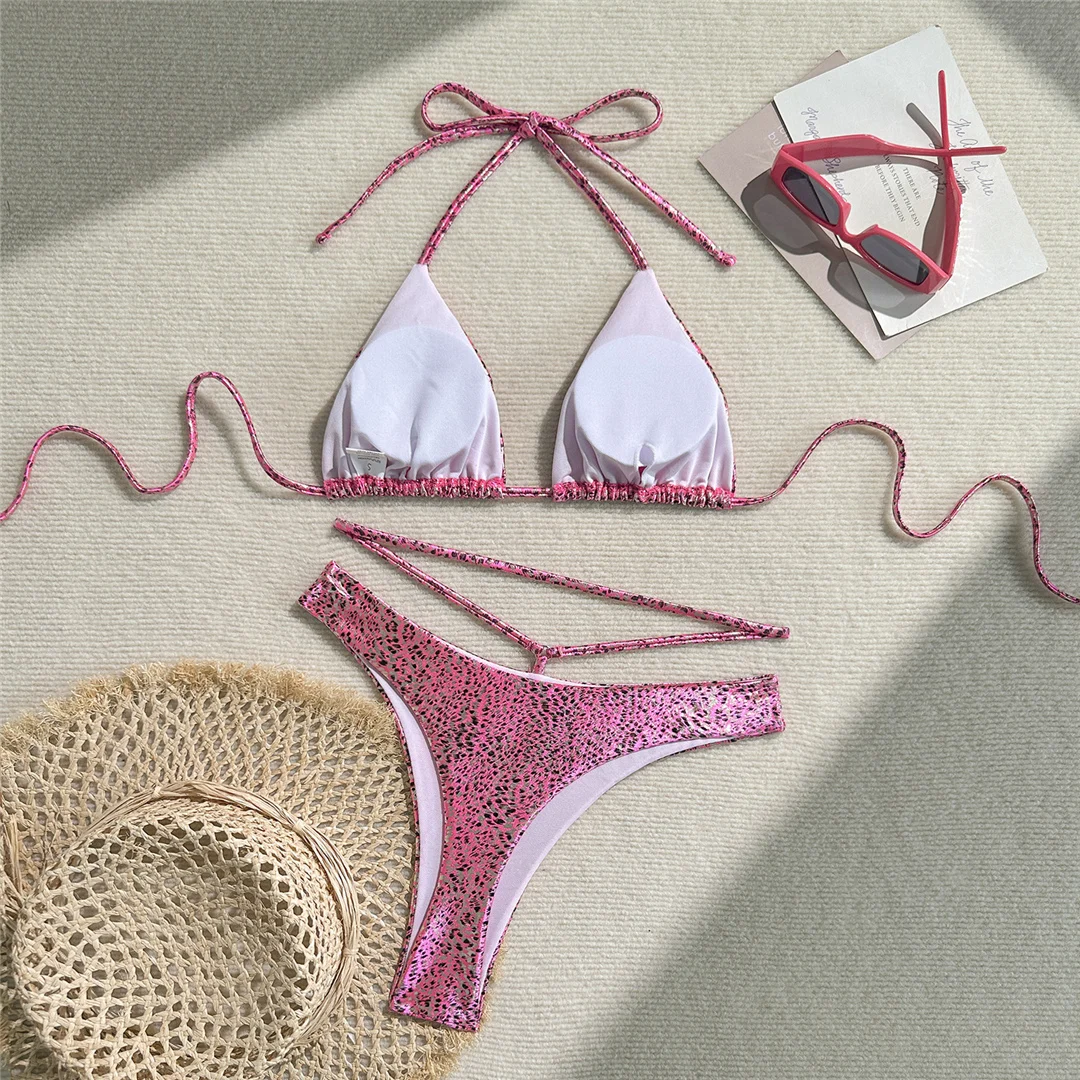 Sexy bedruckter PU-Kunstleder-Neckholder-Bikini, Damen-Badeanzug, zweiteiliger Bikini-Set, Badebekleidung, Badeanzug, Schwimmanzug V6579 – Detail 14