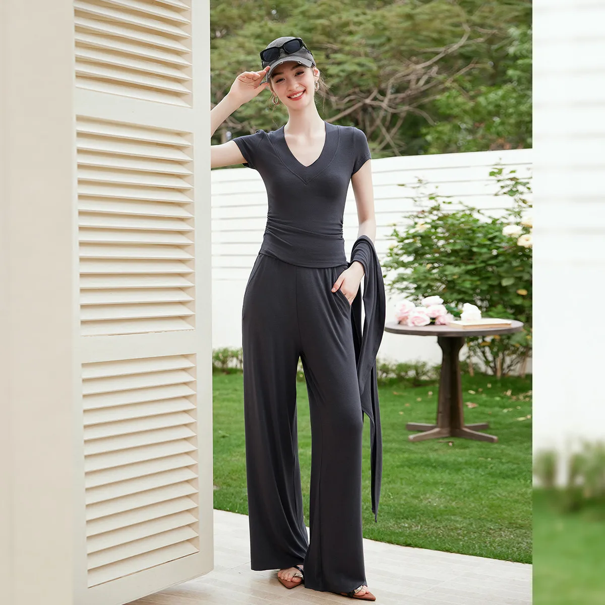 LOUIS YAO Women's Matching Sets 2026 Summer Casual Knit 3-Piece Outfit Open Front Shrug + Short Sleeve Top + Straight Leg Pants