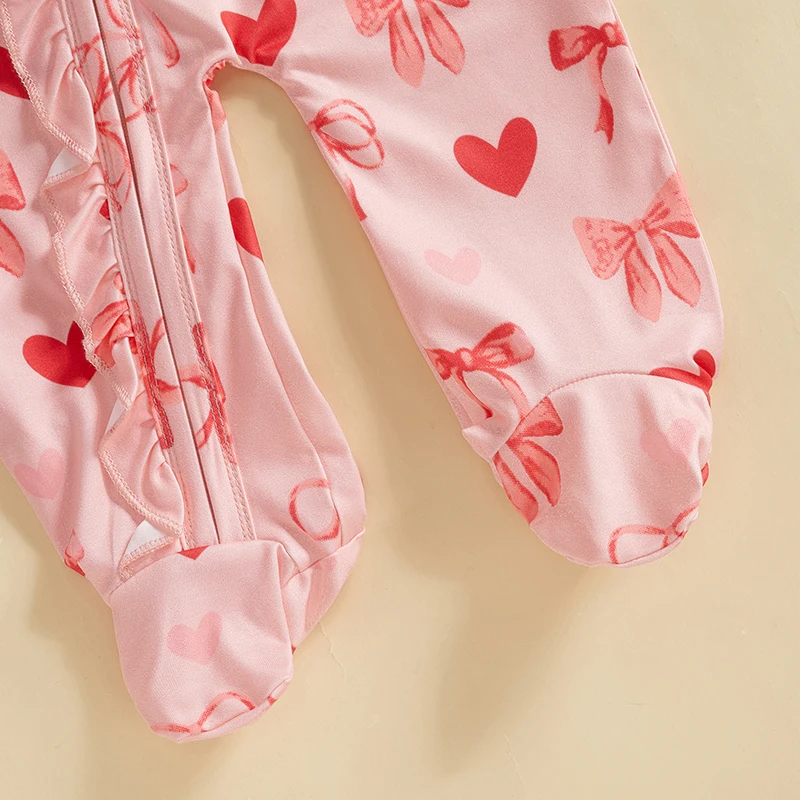 Conjuntos para el Día de San Valentín para niñas de 0 a 18 meses, mono de manga larga con estampado de lazo en forma de corazón y cremallera con diadema, conjunto de ropa para recién nacidos