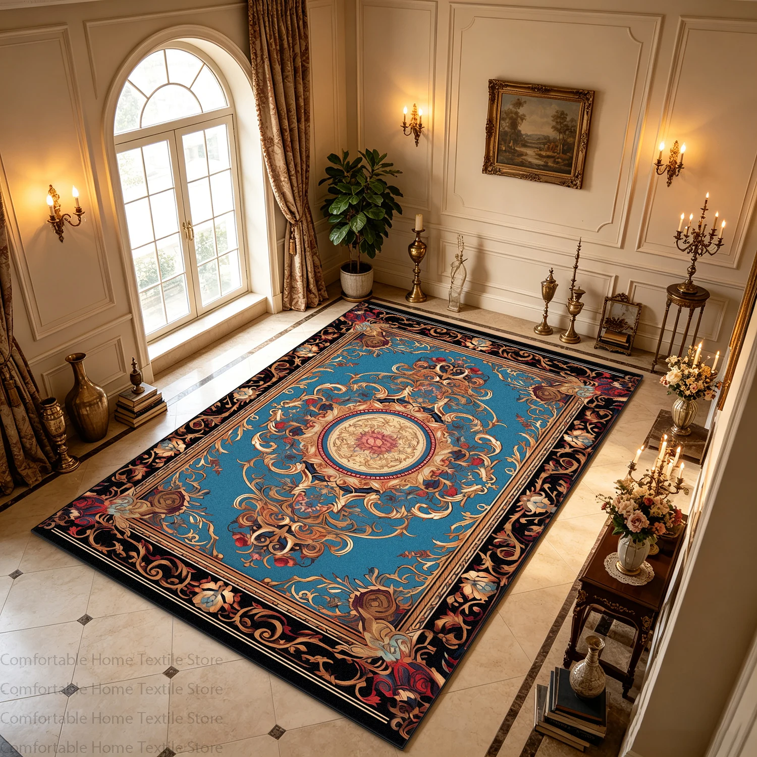 European American Style Retro Persian Coffee Tables Mat Non-slip Foldable Large Living Room Rug Machine Washable Lounge Carpet