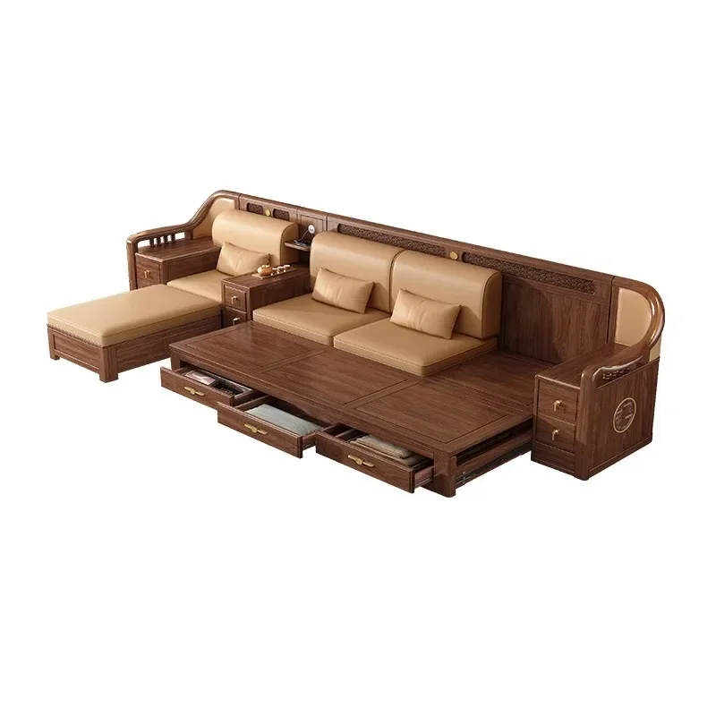 Solid wood broaching bed Living room dual-purpose black walnut storage sofa bed Small apartment simple multi-functional sofa
