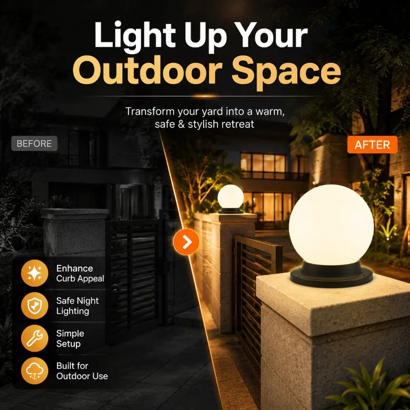 Solar Outdoor Globe Post Light Waterproof PE Globe Lamp Garden Courtyard Villa Fence Gate Pillar LED Decorative Lighting