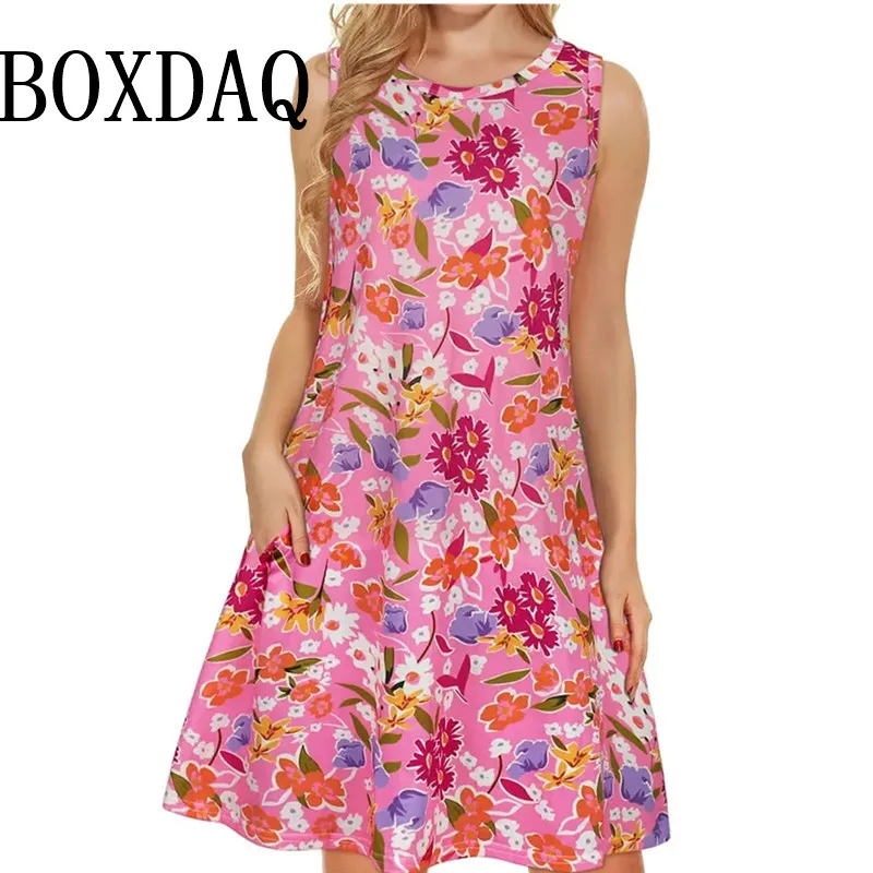 2025 Summer New Women's Flowers Plant 3D Printed Dress Vintage Casual Round Neck Sleeveless Vest Dress Loose Sundress Clothing