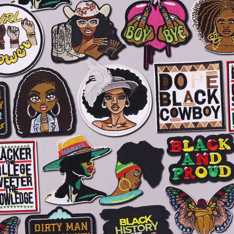 Black Girl Magic Patch Meerjungfrau bestickte Aufnäher für Kleidung USA Western Cowboy Girl Mama Patch Aufbügelbare Aufnäher Hut Stiefel