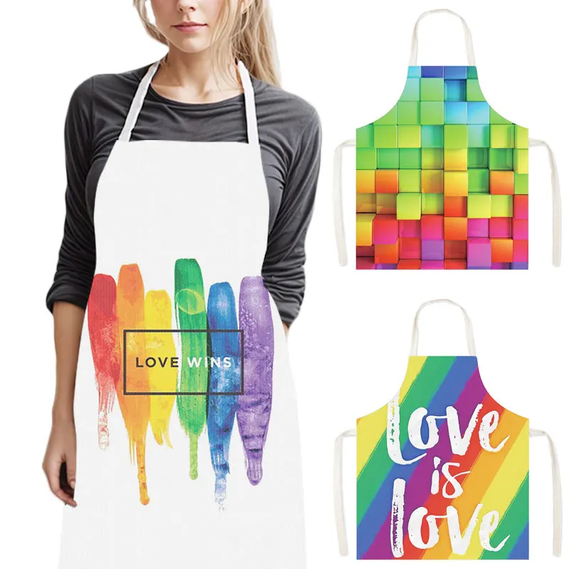 Love Wins Print Cooking Aprons Lgbtq Pinafore Rainbow Household Cleaning Clothing BBQ Chef Waiter Kitchen Apron for Nail Salon