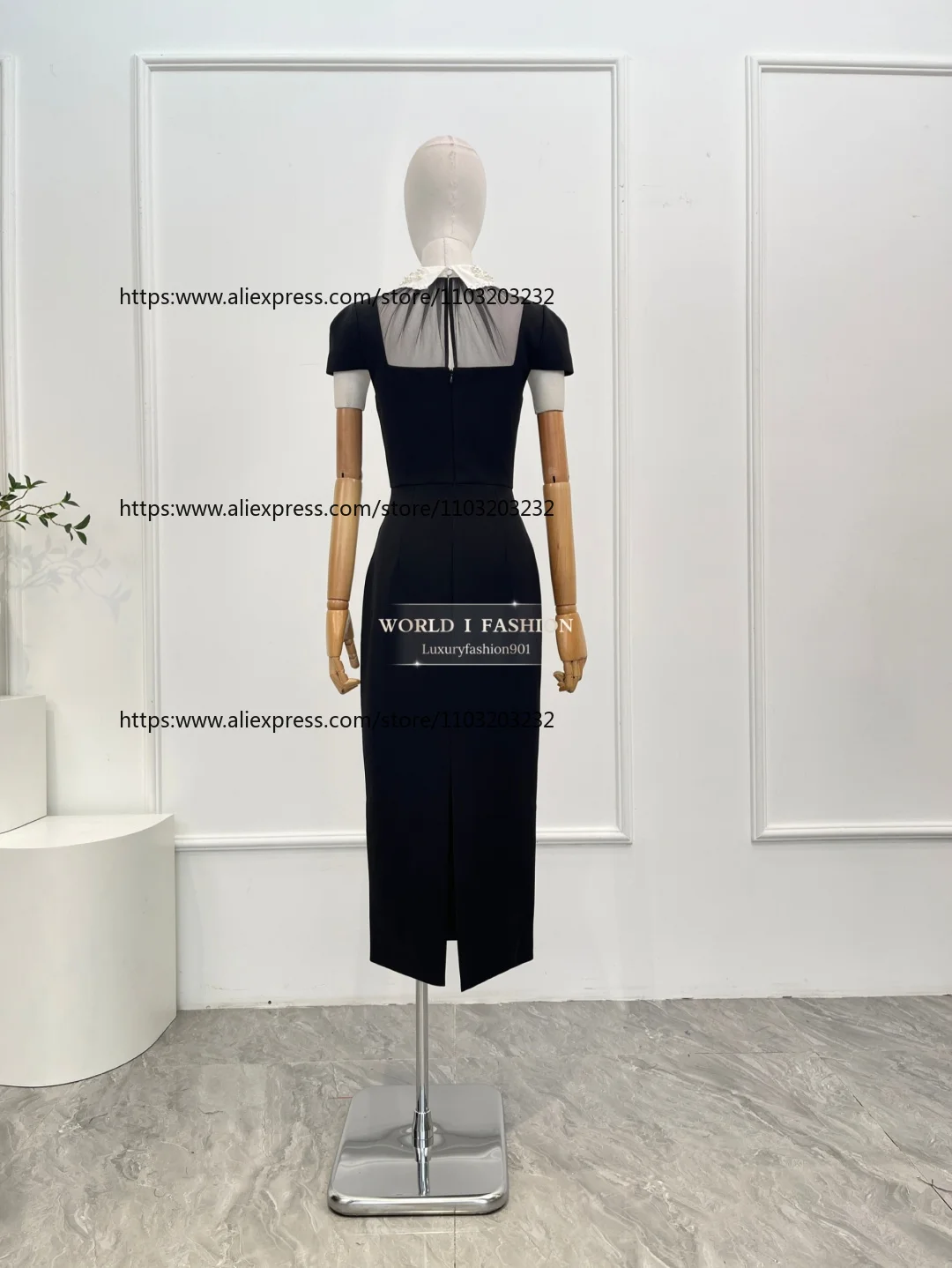 

Black Short Sleeve Lace See Through Midi Dress