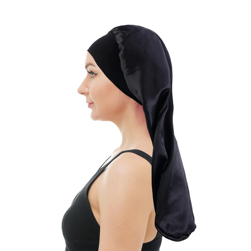Neue Lange Satin Motorhaube Schlaf Kappe Frauen Seidige Schlaf Kappe Mit Breiten Gummiband Haarpflege Turban Zöpfe Lockiges Haar Natürliche Haar – Detail 3