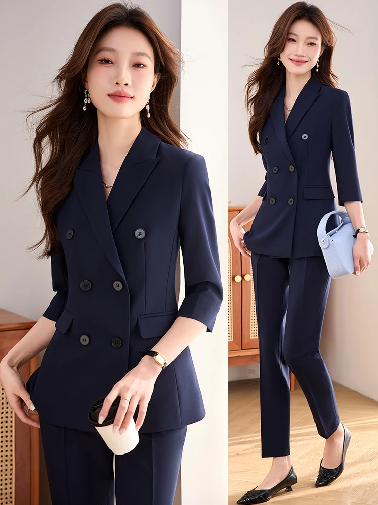 Slim Fit Blue Suit Set for Women Thin mid Sleeve Professional Business Workwear Elegant Managerial High End Commute Fashion