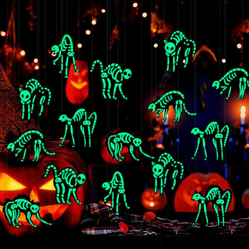 12 Stuks Halloween Skelet Vleermuis Opknoping Decoratie Glow-in-the-dark Nep Zwarte Vleermuis Muursticker Indoor Outdoor PET Lichtgevende Sticker