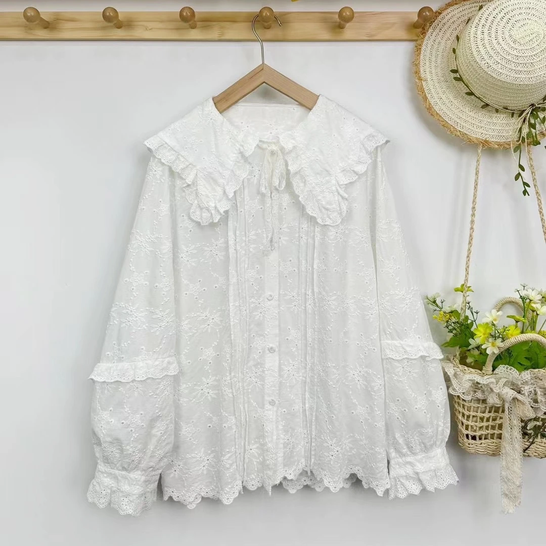 Female Victorian Rococo Ruffled Lace Embroidery Floral Eyelet White Shirt Retro Chic Mori Girl Shabby Cottage Core Sweet Blouse