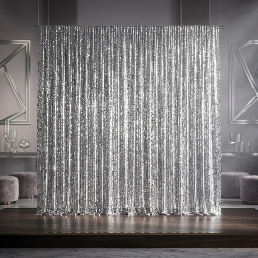 Silver Metallic Fringe Curtain Set 12 for Custom Backdrop Arrangement Each with Integrated Peel and Header for Mounting