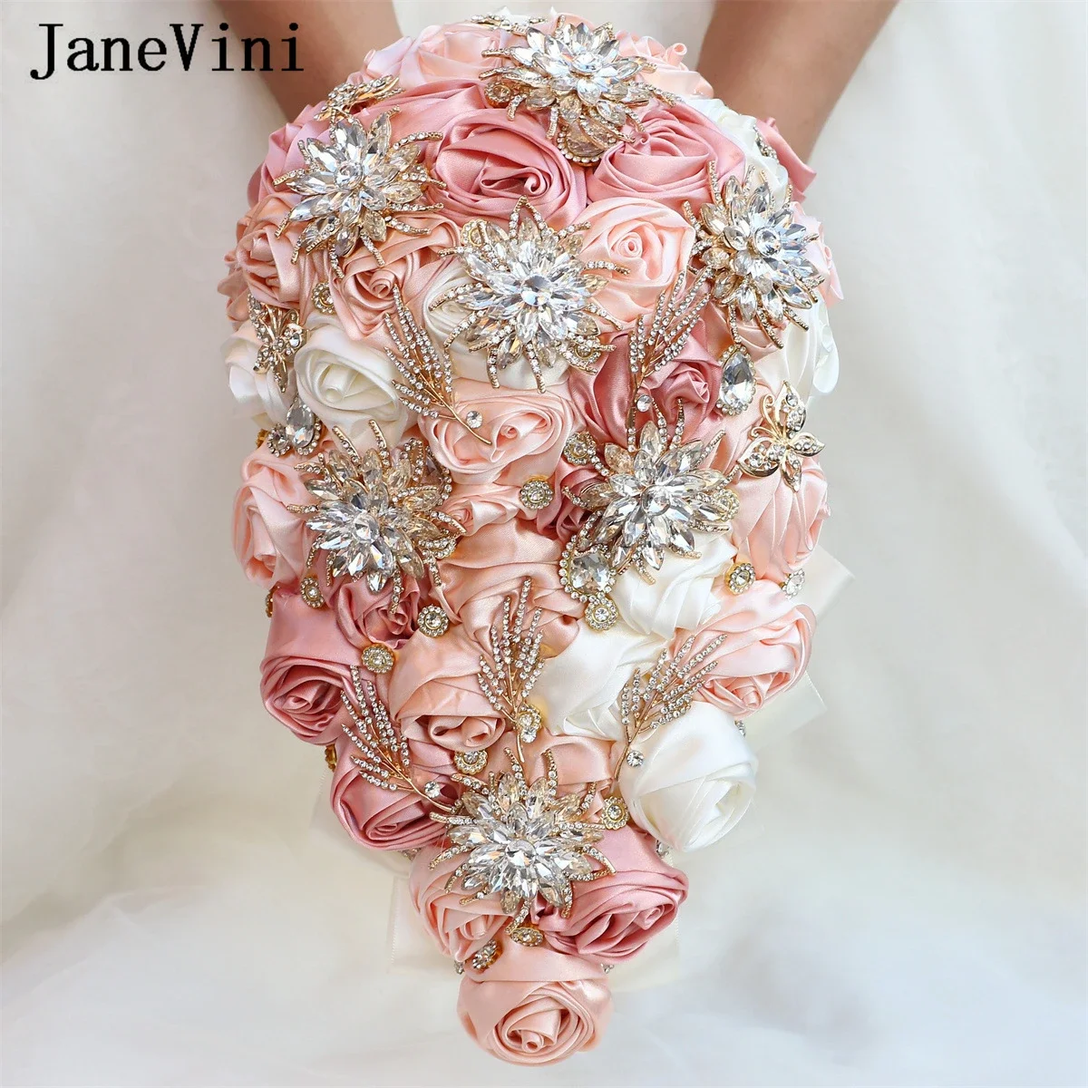 

JaneVini Luxurious Rhinestones Crystal Waterfall Wedding Bouquets Satin Cascading Bridal Flower Bouquet Wedding Buquê De Flores