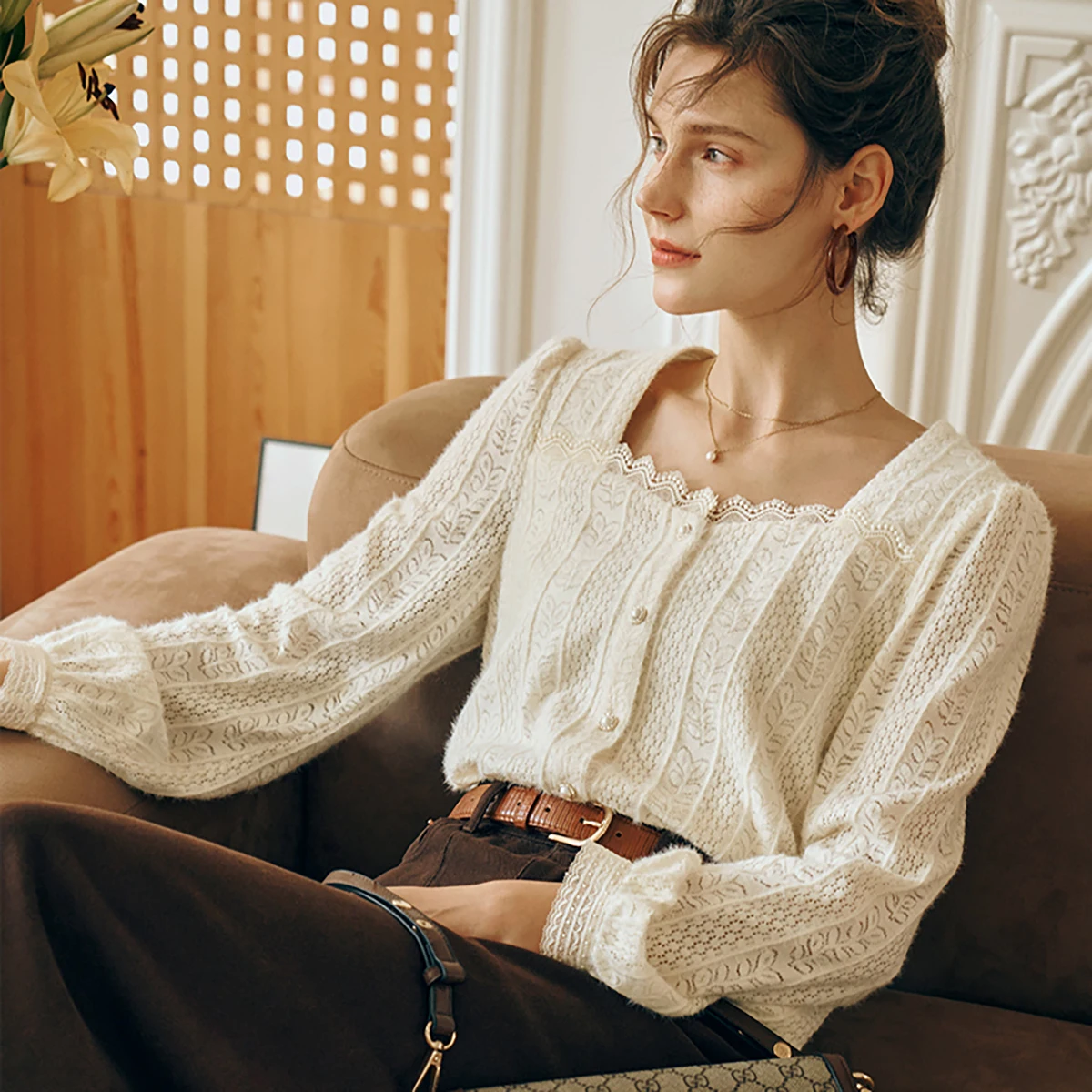 OLrain Romige Abrikoos Kant Chiffon Shirt Dames Herfst 2025, Franse Vierkante Hals Elegante Blouse Kantoor Dagelijkse Slijtage Top O57QX85513