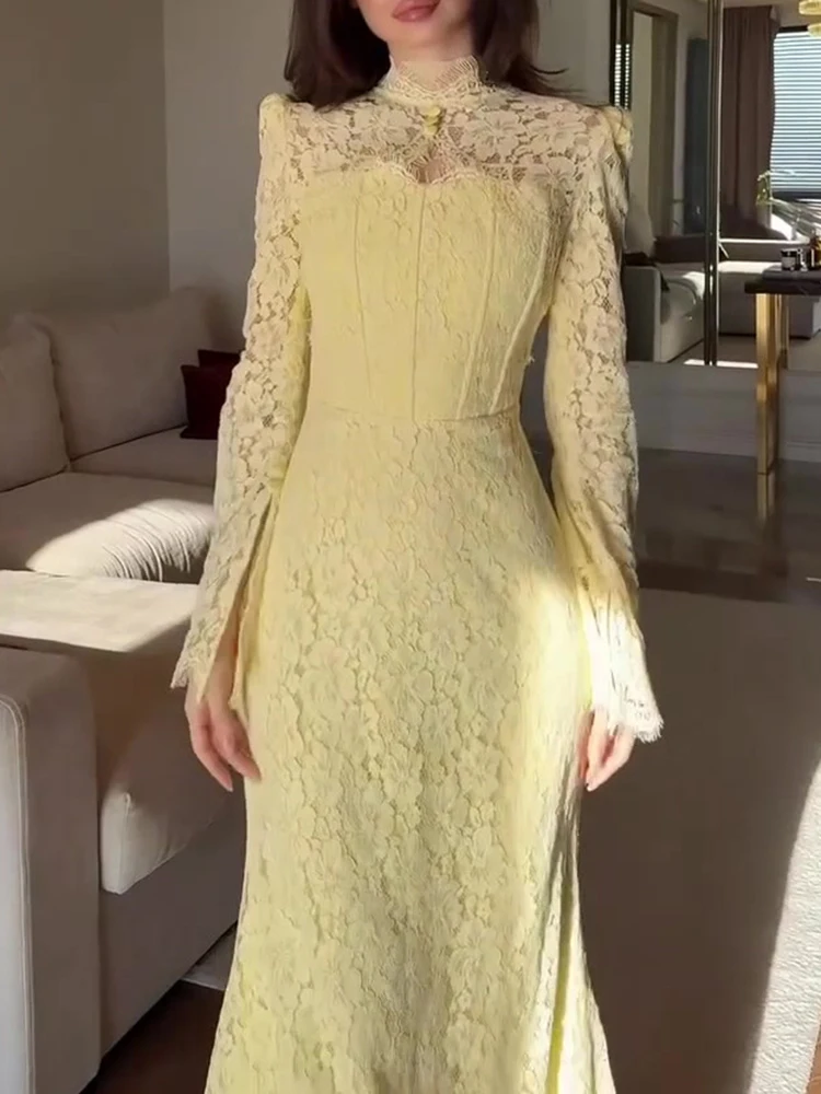 ライトラグジュアリースタイルレース刺繍ピュアイブニングドレスエレガントレディスリムフリルウェディングパーティードレス気質ハイウエストドレス