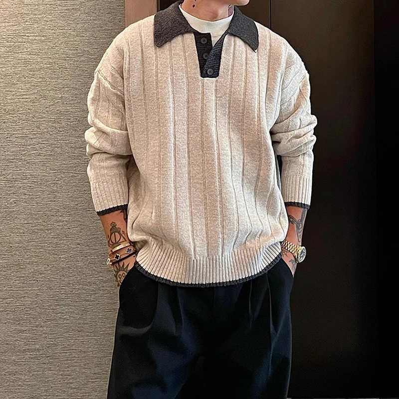 الشتاء اليومية عادية رجالي المرقعة البلوزات 2026 الربيع العصرية التباين اللون زر قمصان بولو محبوك الرجال سترة طويلة الأكمام #2
