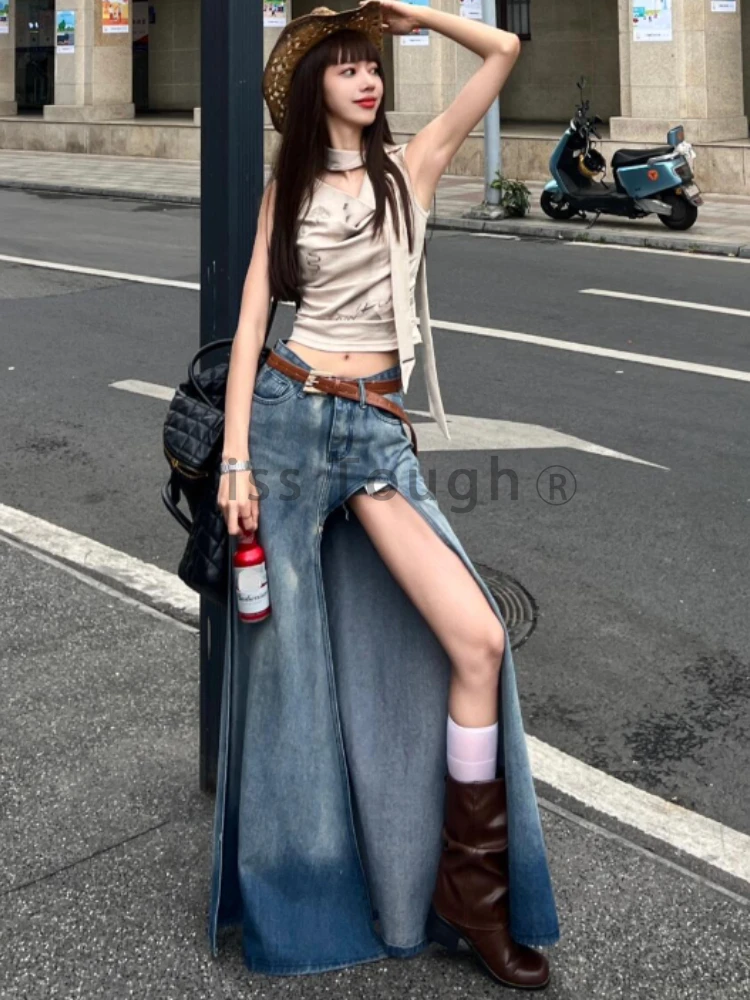 Fashion Design Loose Open Fork Denim Skirt Women  Vintage Sexy High Waist Long Skirts Female Summer Chic Natural A Line Clothing