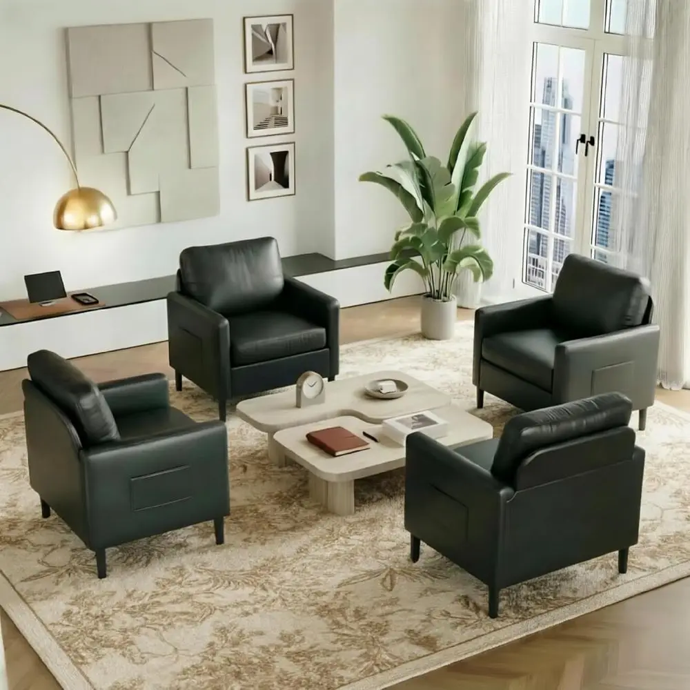 

Set of 4 Black Leatherette Accent Chairs with Arms, Comfortable Small Side Chairs for Living Room, Waiting Room, or Office