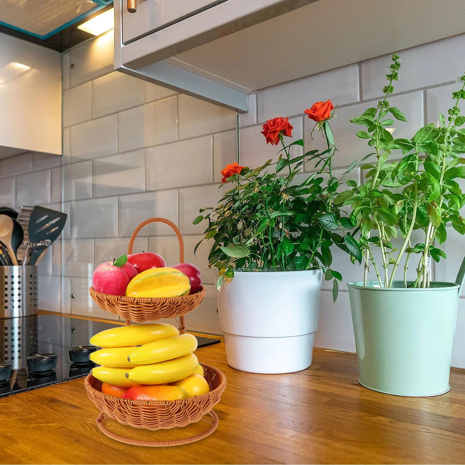 

Round Storage Basket Double Handle Plastic Fruit Tray Snack Organizer Home Office Desk Storage Woven Imitation Rattan Decorative