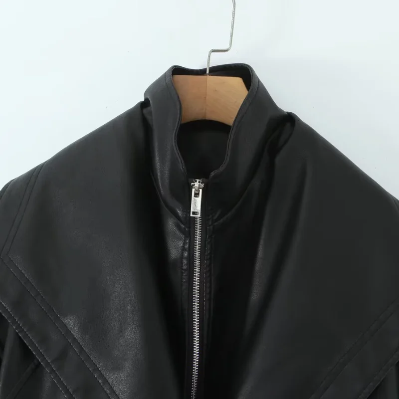 المألوف شيك جديد الخريف سترة الرجعية التلبيب بولي Leather الجلود سستة معطف تنوعا أنيق عادية كول ملابس خارجية الملابس النسائية