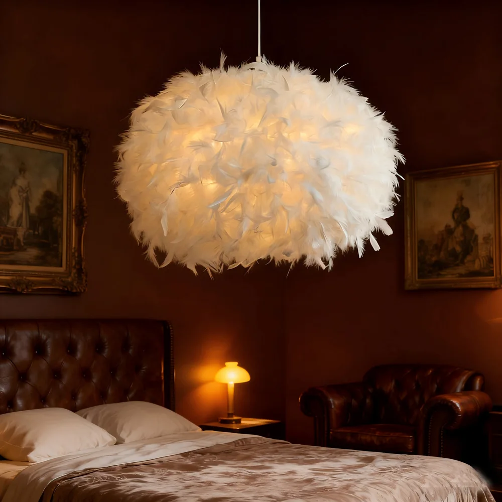 Modern Nordic Feather Chandelier Pink White Blue Pendant Light Luxury Hanging Lamp Room Decor for Girl Princess Bedroom