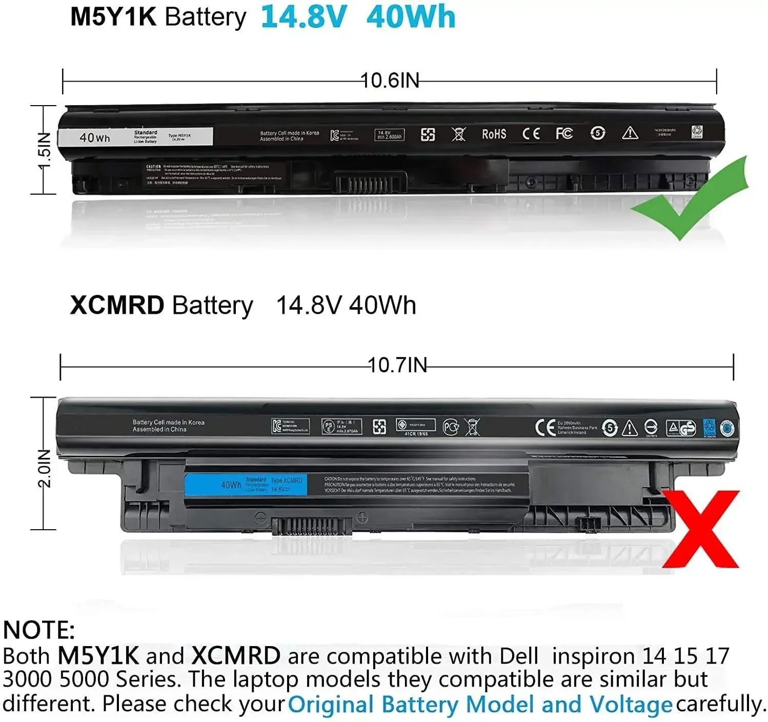 M5Y1K Laptop Battery for Dell Vostro 3458 3558 Inspiron 14 15 17 3000 5000 Series 5558 5559  3452 3551 3451 3567 5755 5758 5759