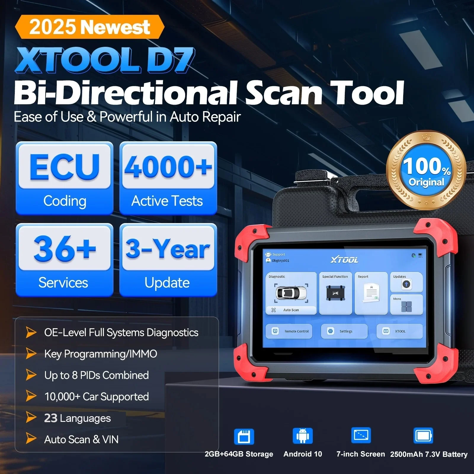 XTOOL D7 V2.0 OBD2 Automotive Scanner All System Car Diagnostic Tool Bidirectional ECU Coding with 36+ Services FCA DOIP CANFD