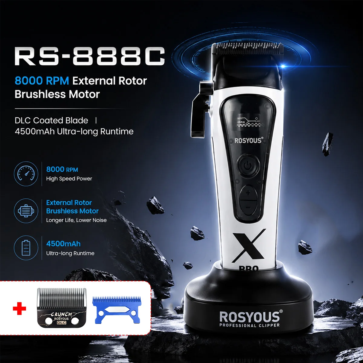 ROSYOUS 888C Professional Hair Cutter External Rotor Brushless Motor 8000RPM DLCBlade with Dock Ceramic Blade Men's Hair Clipper
