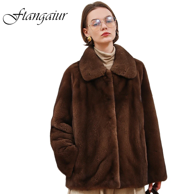 

Ftangaiur New Winter Import Velvet Mink Fur Coat Turn-Down Collar Full Sleeve Mink Coat Women Short Natural Real Mink Fur Coats