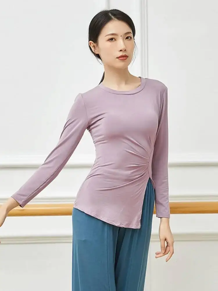 Camicia da ballo con orlo irregolare increspato tinta unita manica lunga slim fit stile classico top da donna allenamento per prove di scena