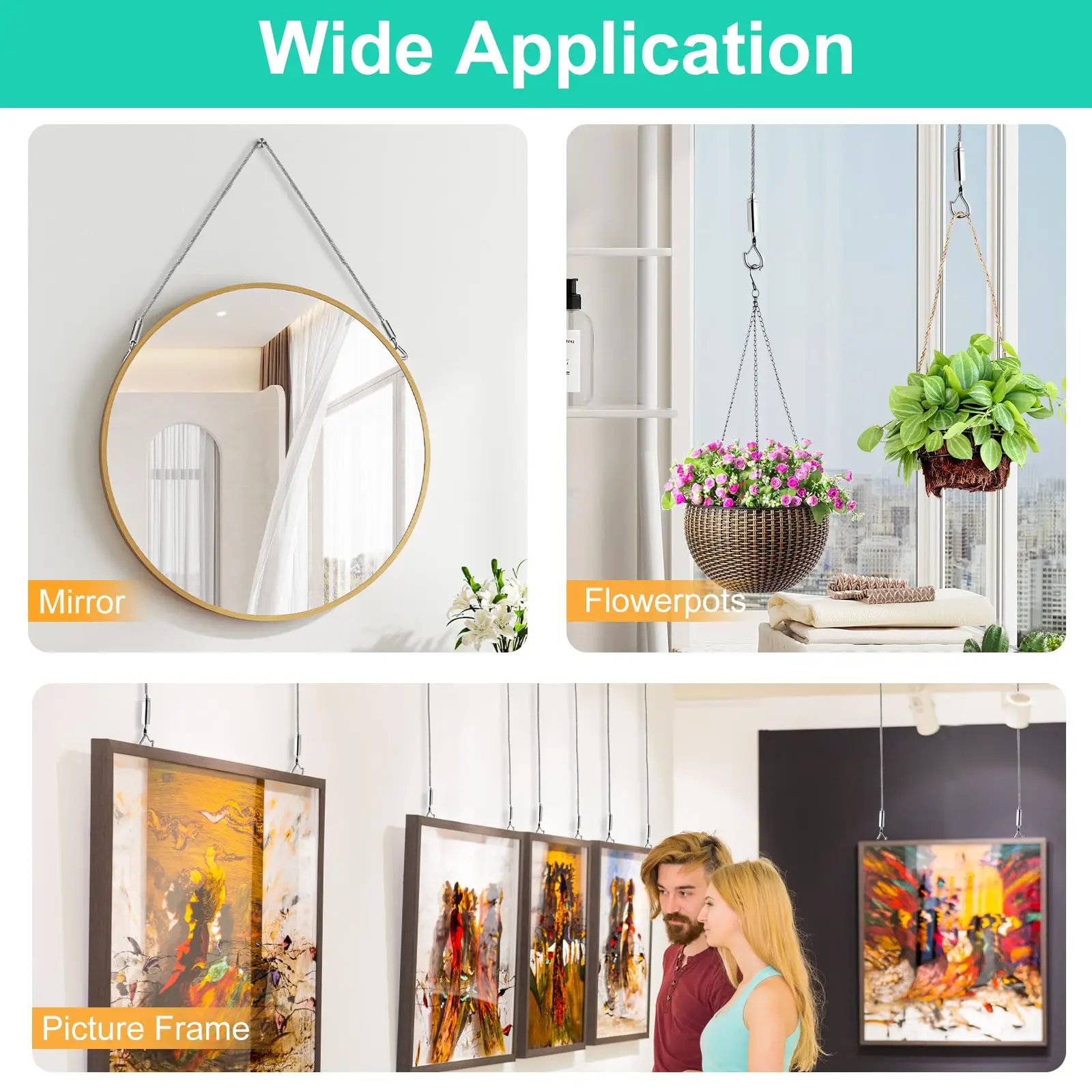 2PCS Adjustable Picture Hanging Wire Kit,2M Wire for Hanging Pictures,Stainless for Photo Frame Picture,Artwork,Mirror Hanging