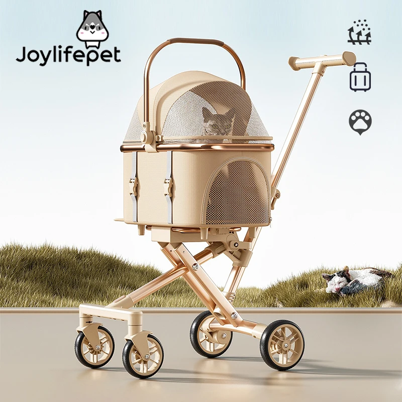 

High Fashion Lightweight Folding Dog Cat Cart Rose Gold Pet Cart Oxford High Color Value Separated Bag for Cross-Border