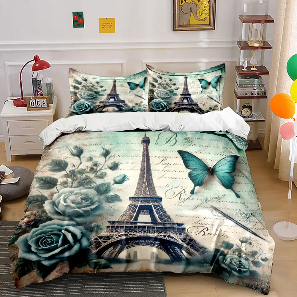Blue Roses and Eiffel Tower Print Soft Comfortable Duvet Cover Bedding Set Included 1*Duvet Cover  2*Pillowcases