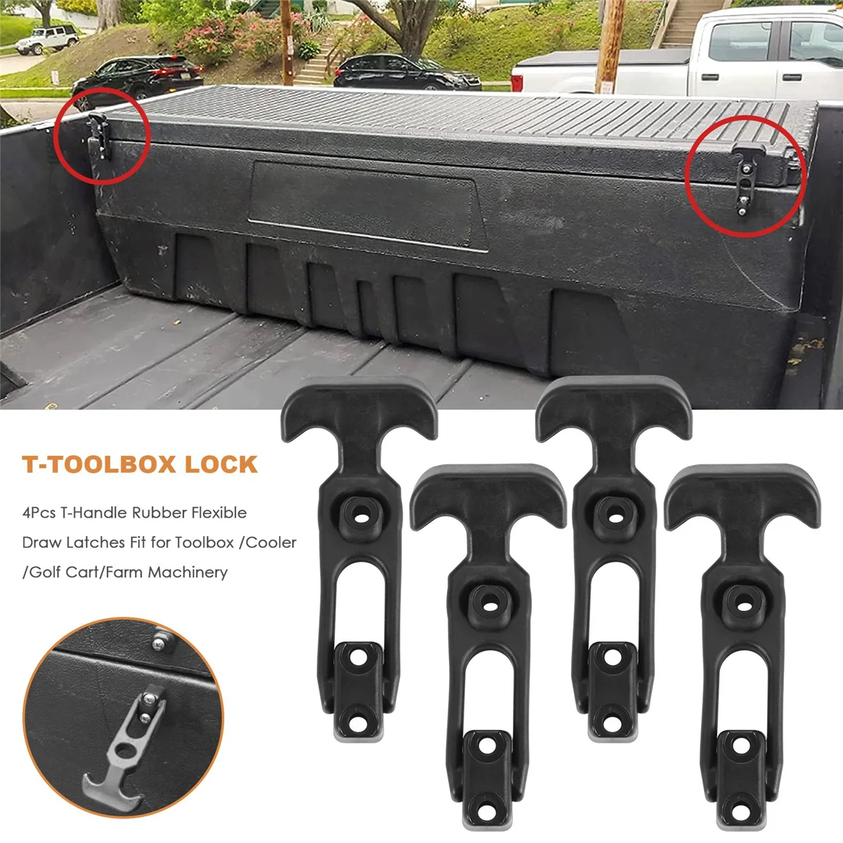 4Pcs T-Handle Rubber Flexible Draw Latches Fit for Toolbox /Cooler/Golf Cart/Farm Machinery T-Toolbox Lock