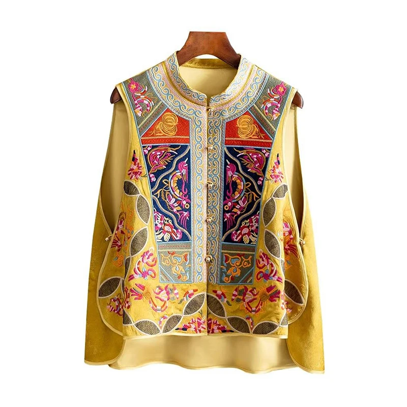 الحرير الساتان المطرزة سترة المرأة النمط الصيني Vintage سترة جاكار بلا أكمام بلوزات الرجعية الإناث الخريف موضة جديدة #5