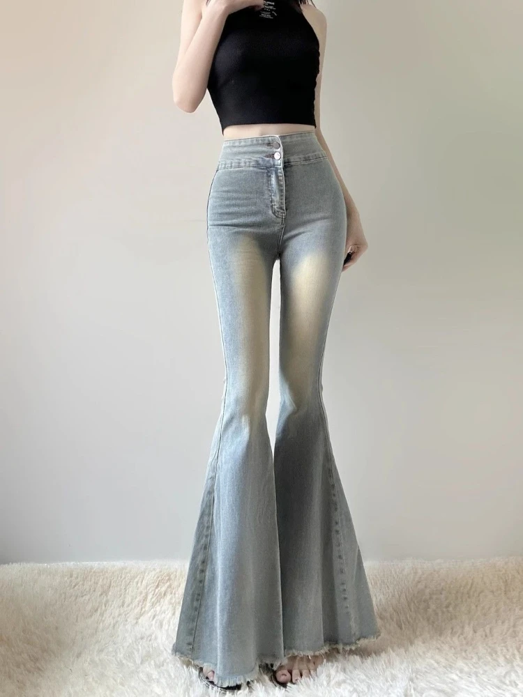 Women's Flared Jeans High Waist Stretch Bootcut Denim Pants Ripped Hem Figure Hugging Retro Chic Spring
