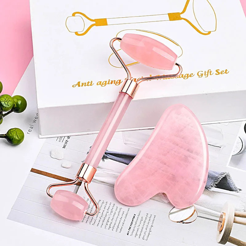 Face and Neck Massager Tools Roller Beauty Scraping Double-ended Massage Stick to Unblock and Relax, Rose Crystal Jade Stone Set