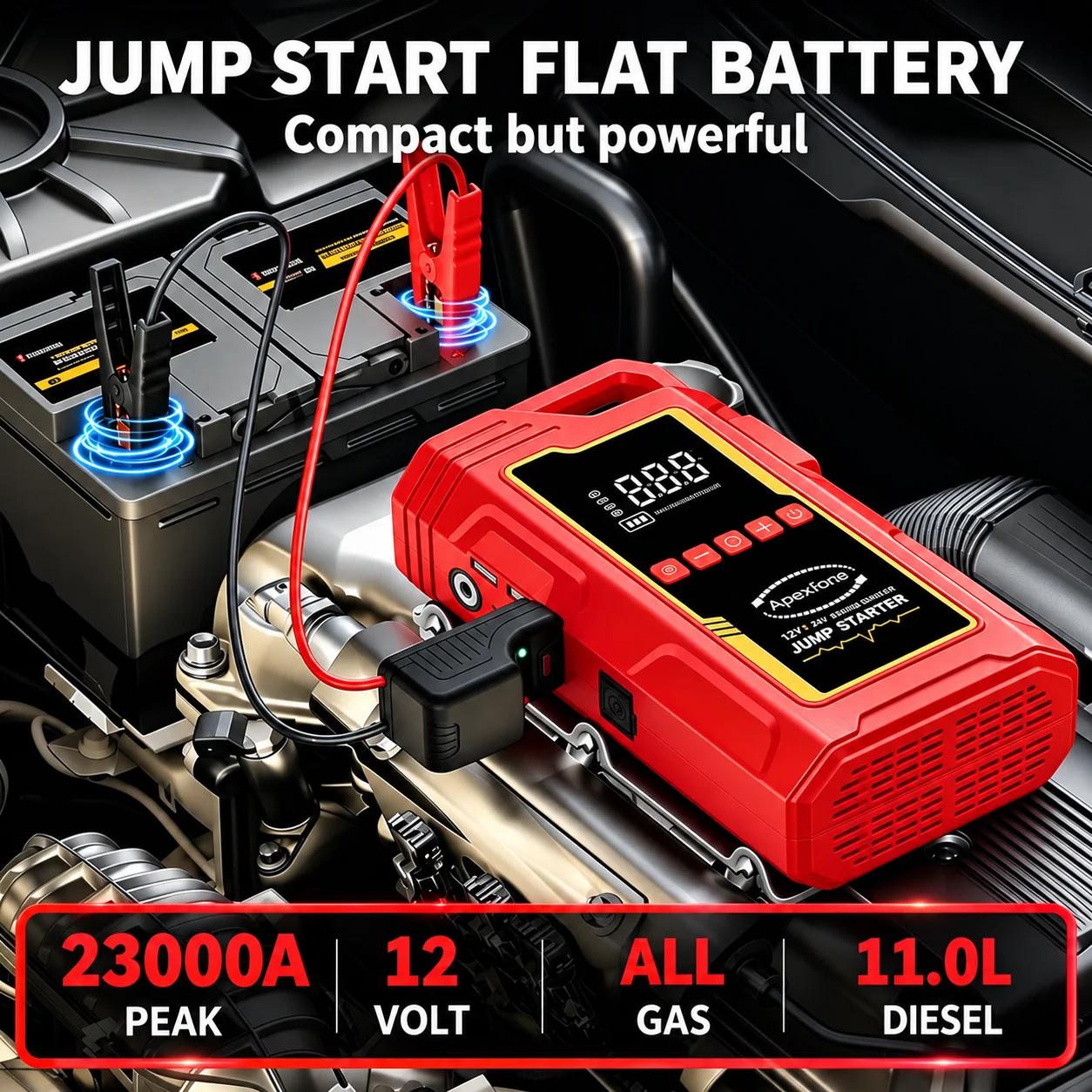 High Peak Portable Car Emergency Starter with 250PSI Air Compressor, Portable Battery Booster Pack, Featuring Emergency Start, Tire Inflation, USB Input/Output, LED Lighting, LCD Digital Display - A Multi-functional Automotive R