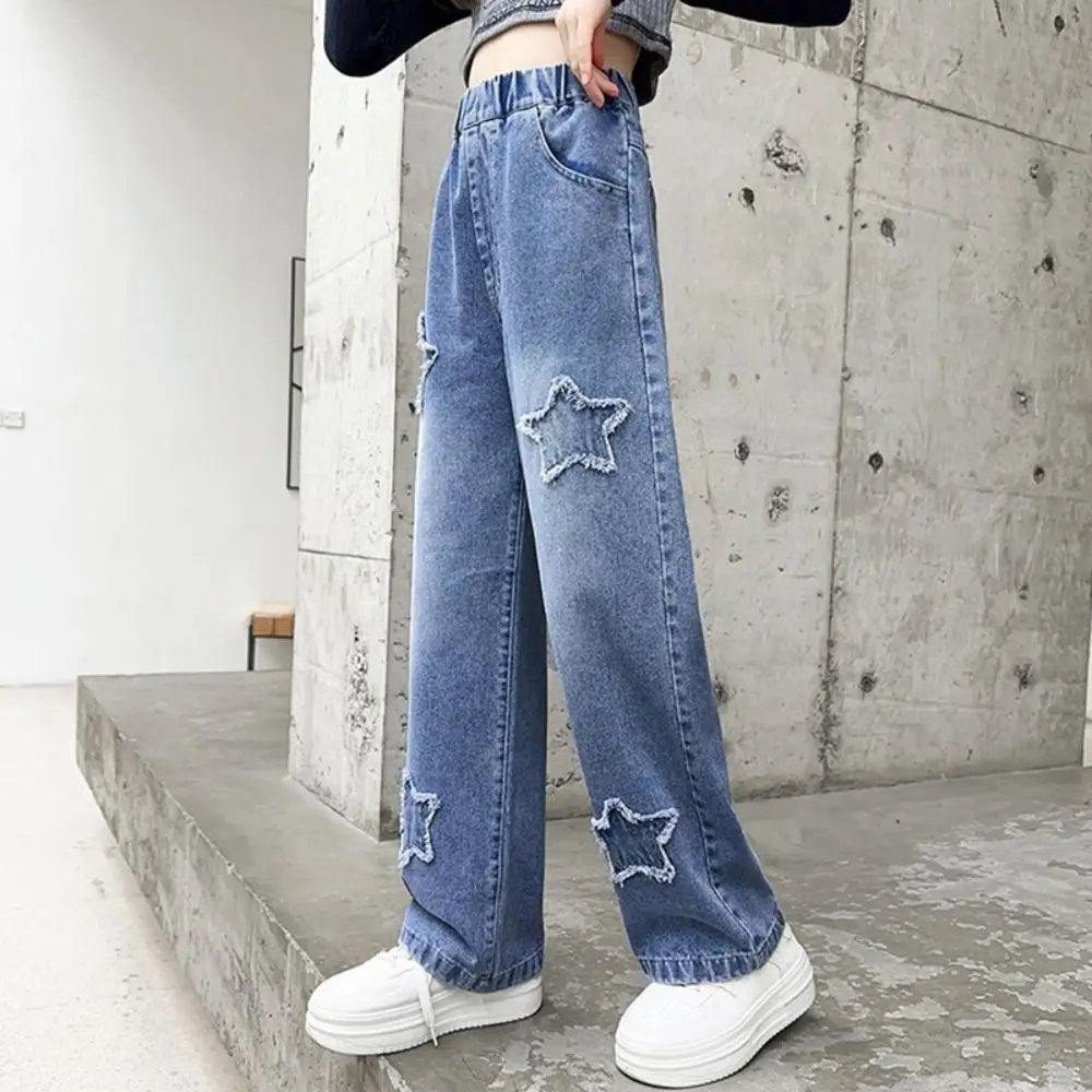 

Embroidered Stars Teens Girl Jeans Loose High Waist Children Y2K Jeans Wide Leg Cowboy Pants Girls Denim Trousers Streetwear