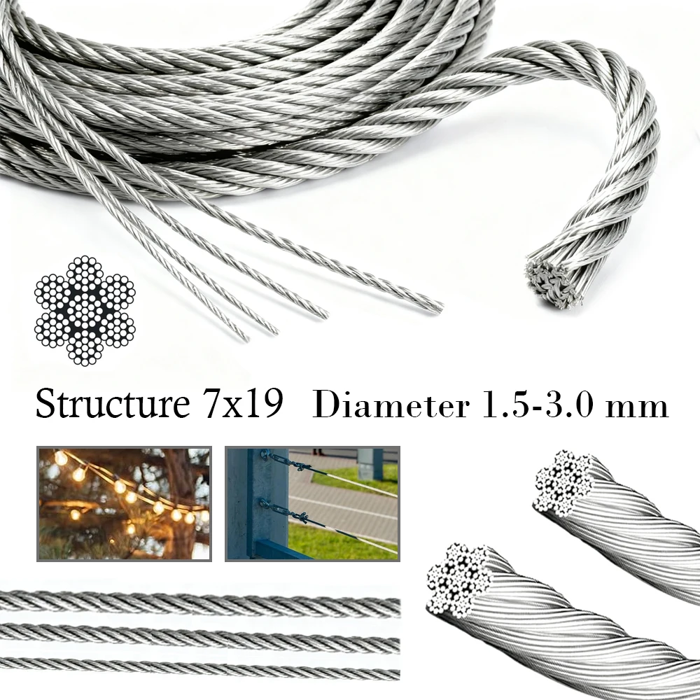 1Pcs 304 Stainlesss Steel 7x19 Wire Rope Cable 1.5-3.0mm, Heavy Duty Lifting Rigging for Outdoor Industrial