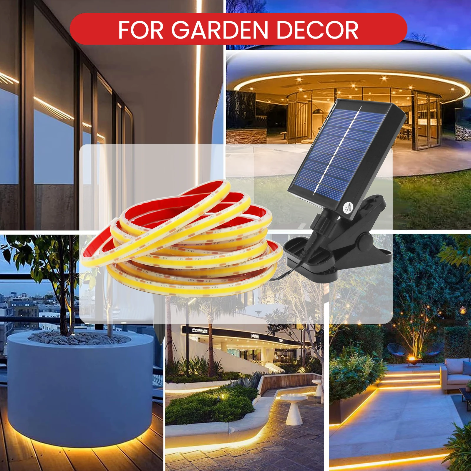 12V 24V Dimmable Solar COB Strip Outdoor IP68 Waterproof 320LEDs/M RA90 High Density Flexible Ribbon Tape Lamp 3000K 4000K 6000K