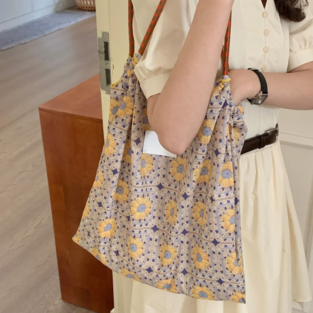 Bolsa de estampa floral retrô macia para mulheres, grande capacidade Bolsa de ombro de algodão elegante