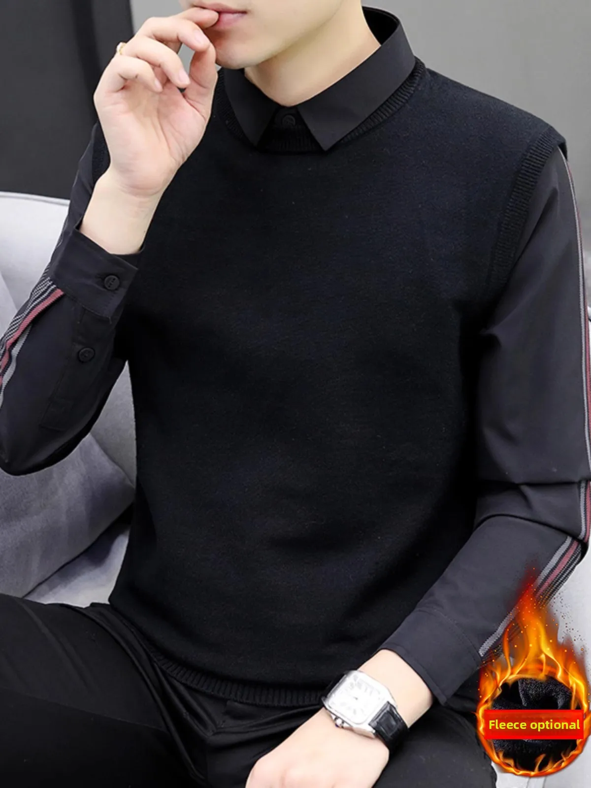 

Men's Knitted Fce Lined irt Collar Sweater Fake Two-Piece Trendy Inner Match Autumn Winter Faion Casual round Ne Sol...