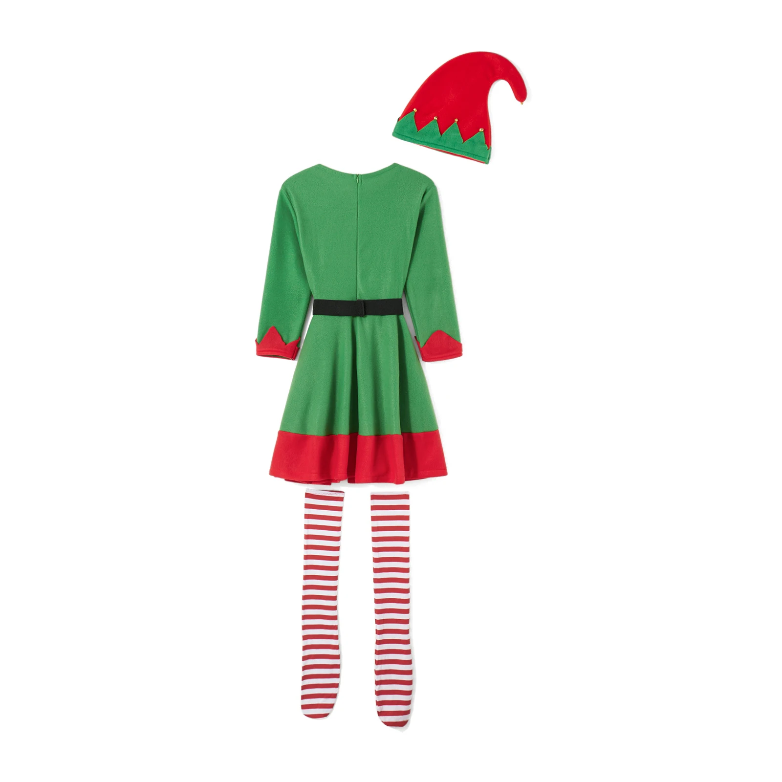 Women Christmas Elf Costumes Dresses with Belt Striped Stockings and Hats Set for Cosplay Role-Playing Party Outfits