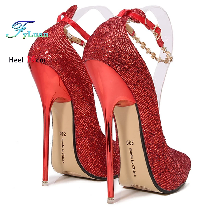 

Красные блестящие женские туфли на высоком каблуке 16 см. Женские туфли-лодочки на тонком каблуке с острым носком. Сандалии с пряжкой на щиколотке и прямым ремешком. Туфли для ночного клуба.